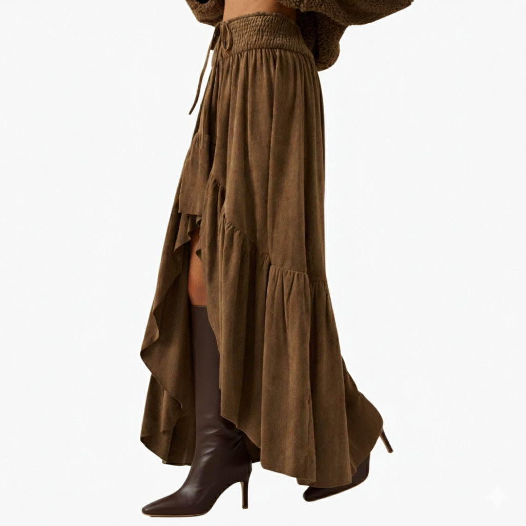 Espresso Faux Suede Asymmetrical High-Low Maxi Skirt