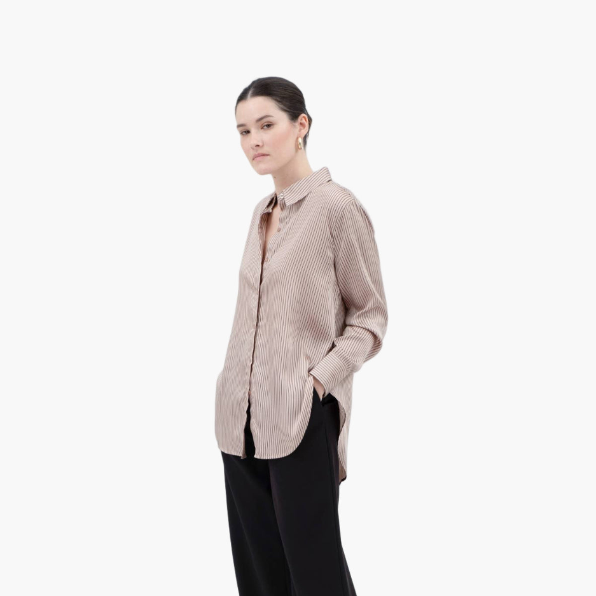 Pinstripe Button Down Long Sleeve Satin Blouse