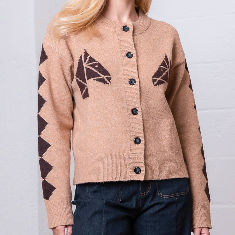 Camel Button Down Horse Sweater Cardigan