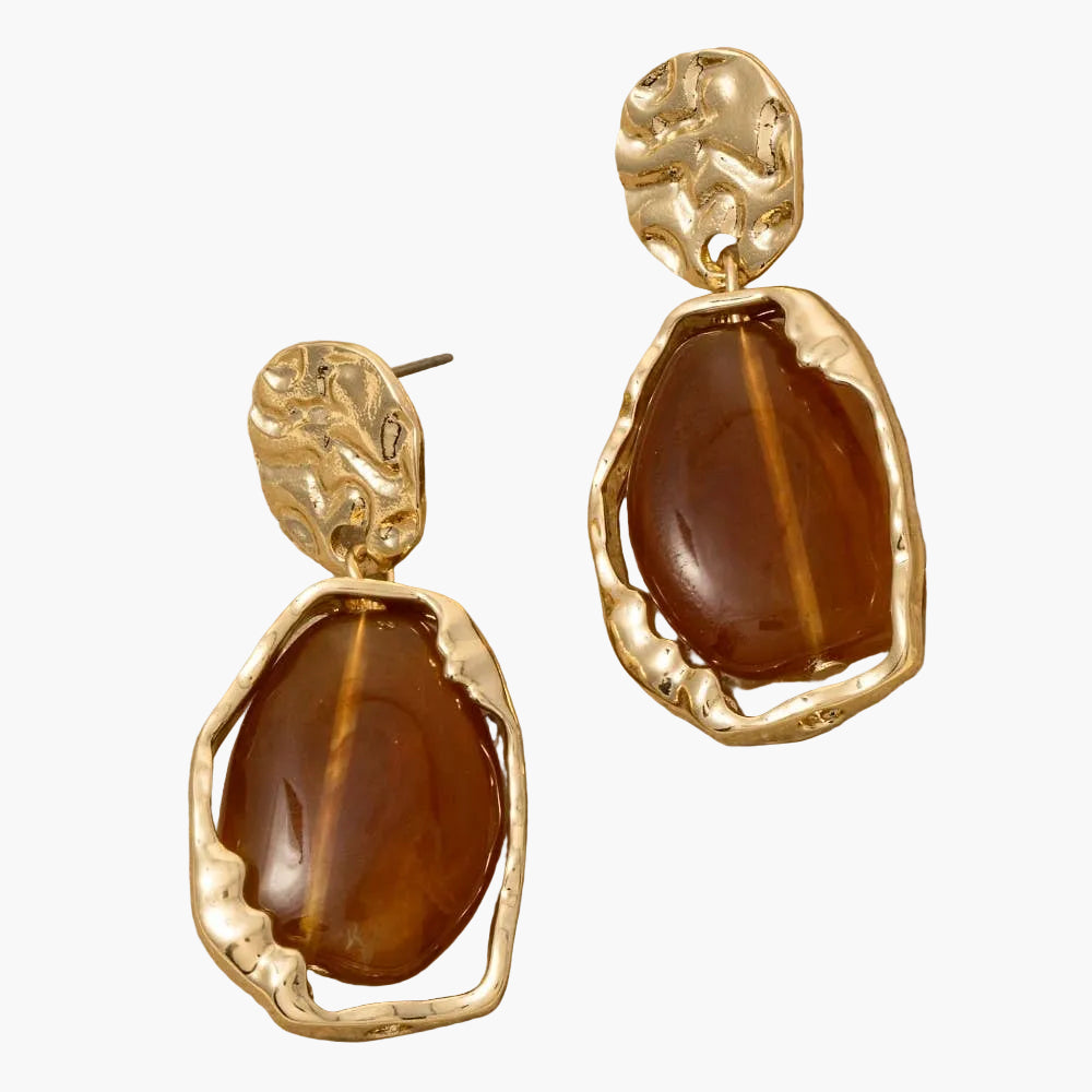 Brown Marble Resin Oval Dangle Earrings