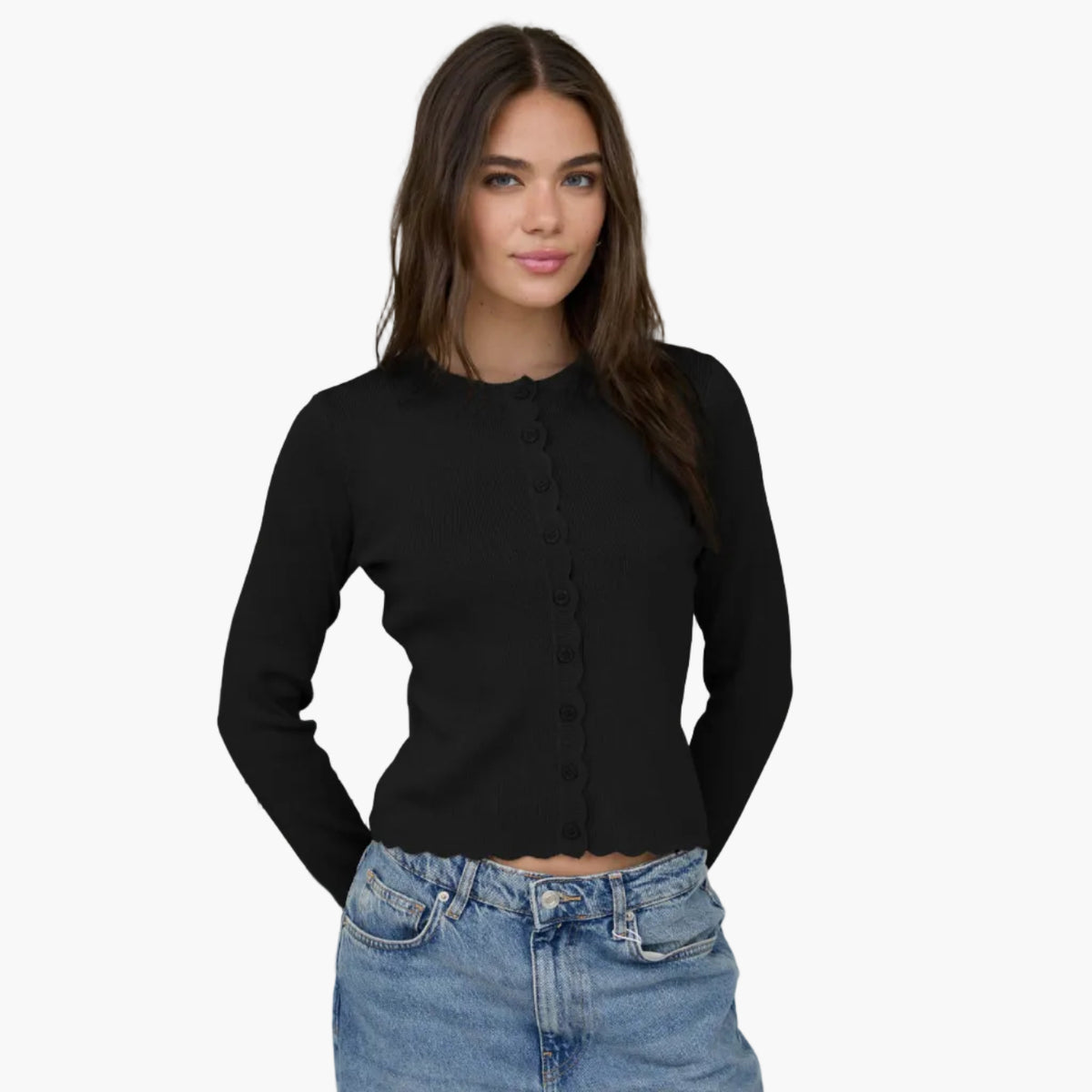 Black Scalloped Long Sleeve Knit Cardigan