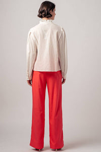 Ruffle Neck Lace Trim Button Down Long Sleeve Blouse