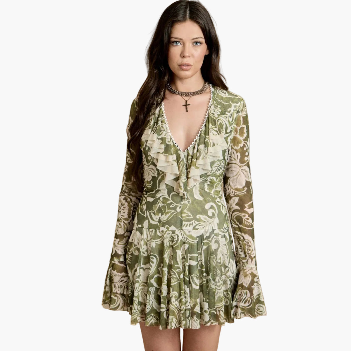 Green Floral Ruffle Mini Dress