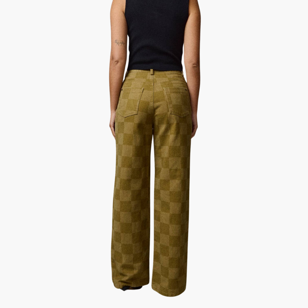 Olive Checkered Wide Leg Jeans