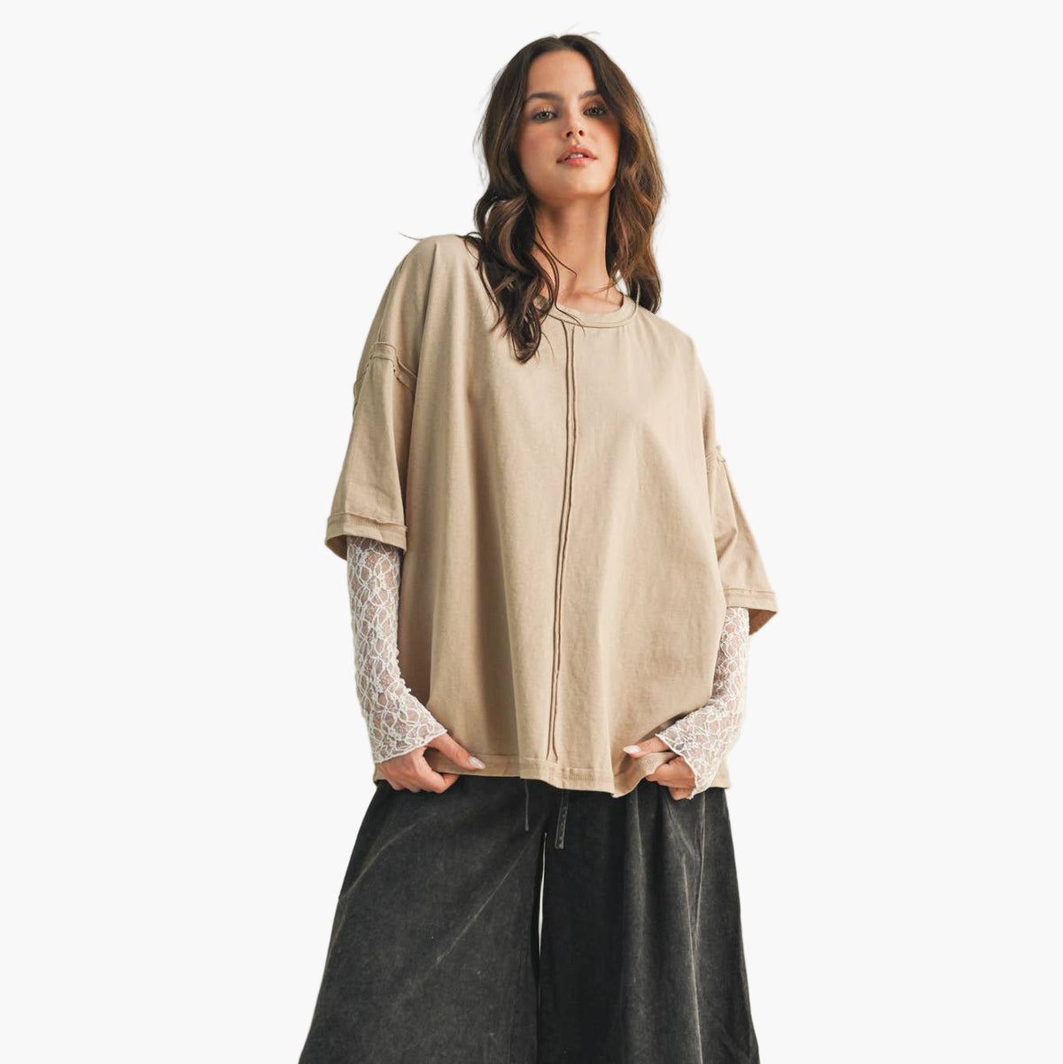 Oatmilk Lace Sleeve Oversized Top