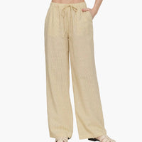 Cotton Elastic Waist Stripe Gauze Long Pants