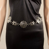 Silver Black Western Turquoise Stud Floral Concho Chain Belt