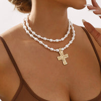 Pearl Beaded Layered Cross Statement Necklace