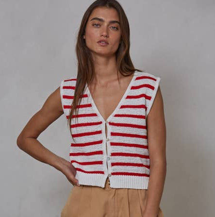 Knit Cotton Striped Button Up Top