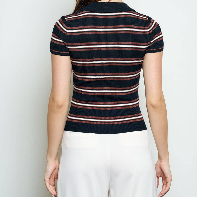 Black Multi Striped Collared Knit Top