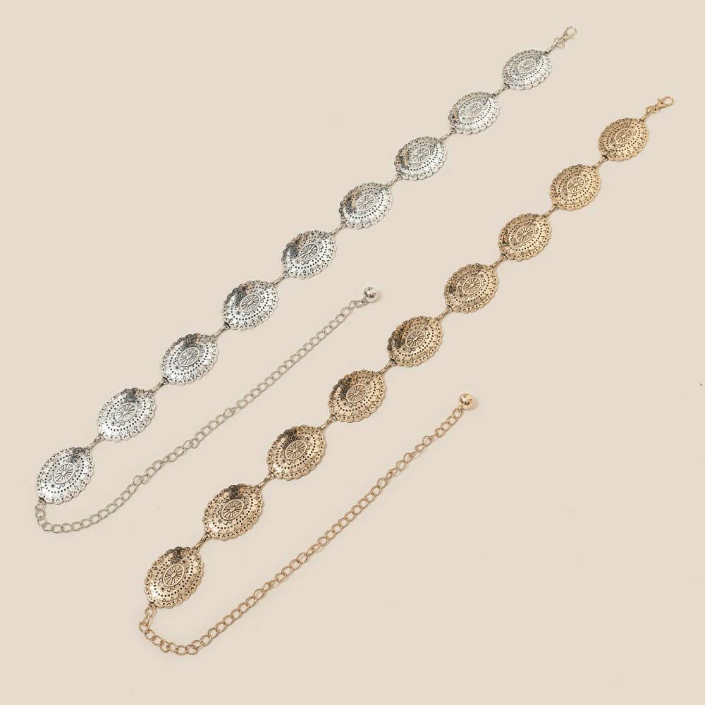 Silver Oval Western Concho Disc Chain Belt