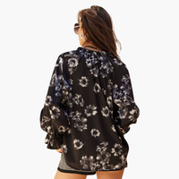 Floral-Print Satin V-Neck Buttoned Ruffle-Cuff Top