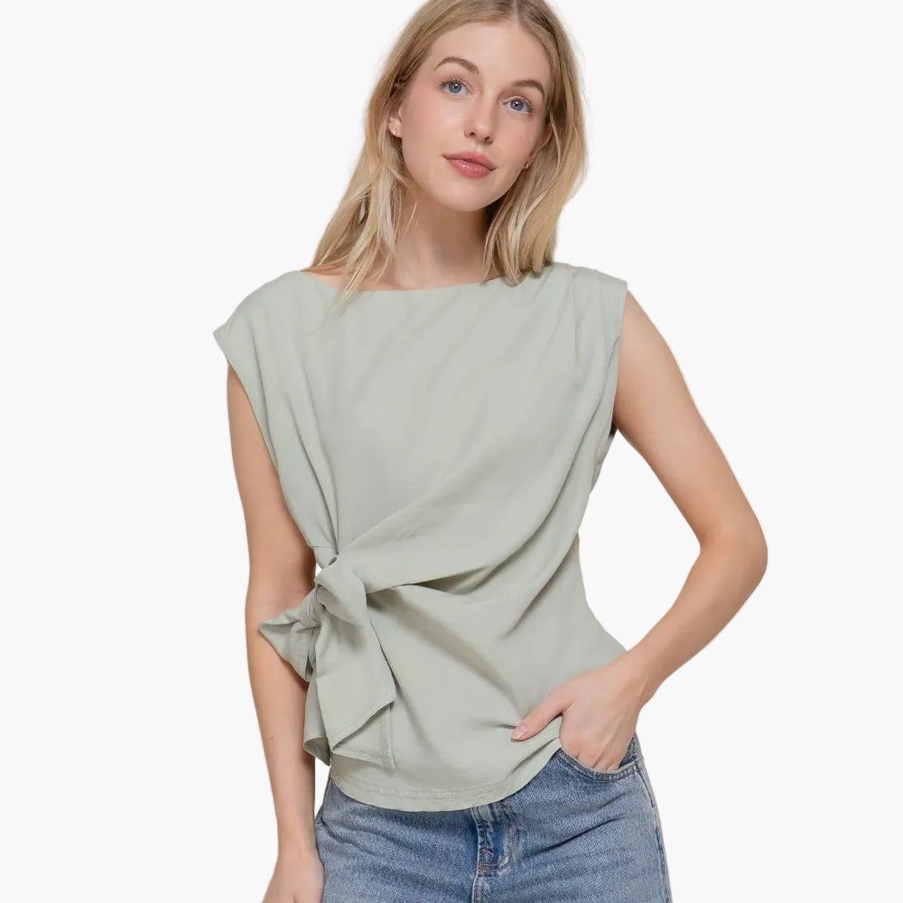 Sleeveless Boat Neck Lyocell Top with Bow Detail
