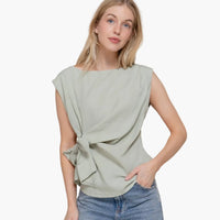 Sleeveless Boat Neck Lyocell Top with Bow Detail