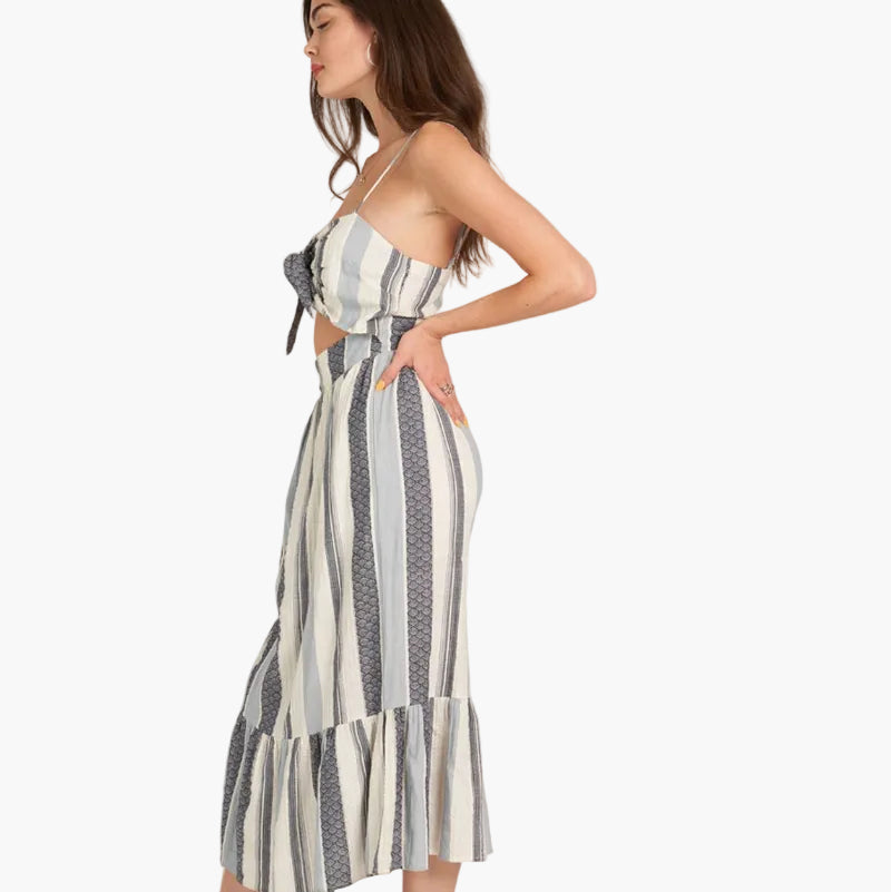 Striped Tie Front Cut-Out Midi Dress
