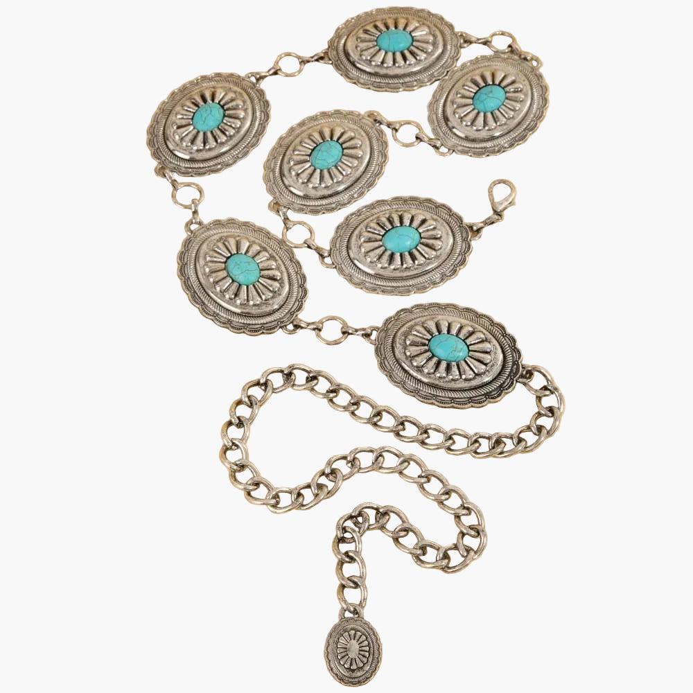 Silver Ornate Single Turquoise Stud Hoop Chain Belt