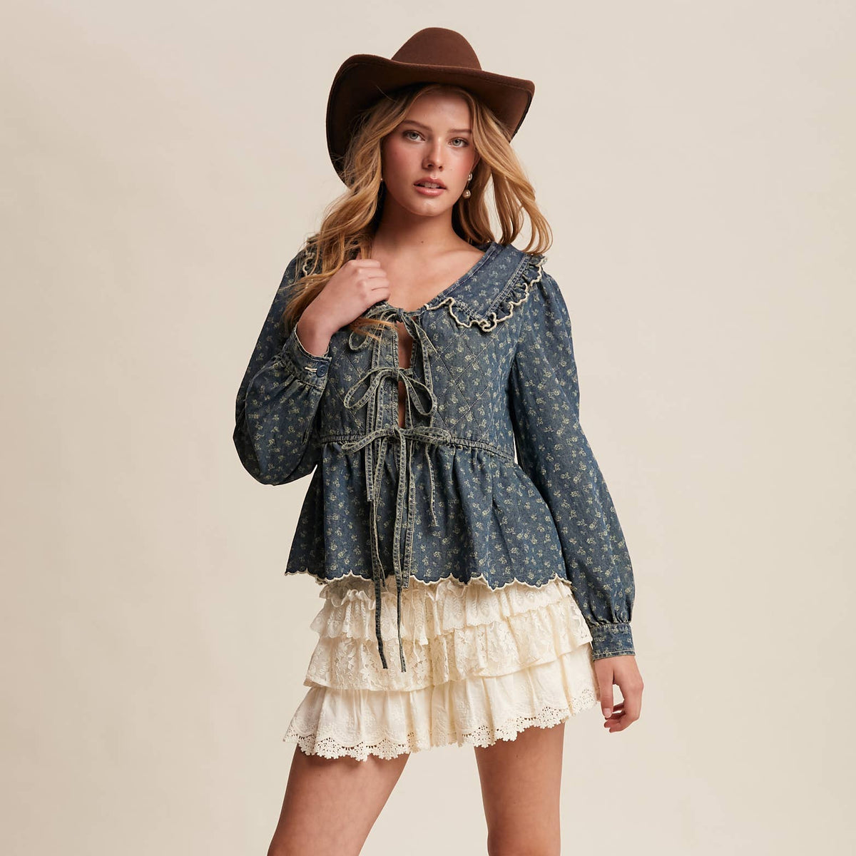 Ruffle Collar Tie-Front Denim Blouse
