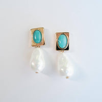 Vintage Square Turquoise and Natural Pearl Drop Earrings