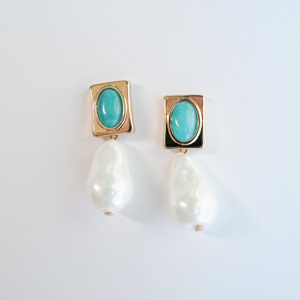 Vintage Square Turquoise and Natural Pearl Drop Earrings