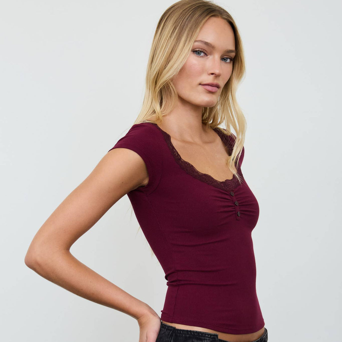 Brown Lace Trim Henley Knit Top