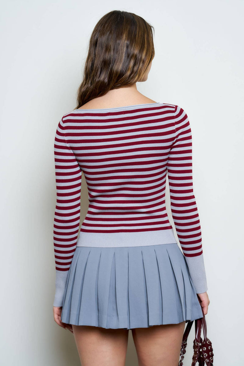 Light Grey Boat Neck Stripe Ribbed Sweater Top