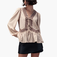 Romantic Lace Trim Tie Front Peplum Blouse