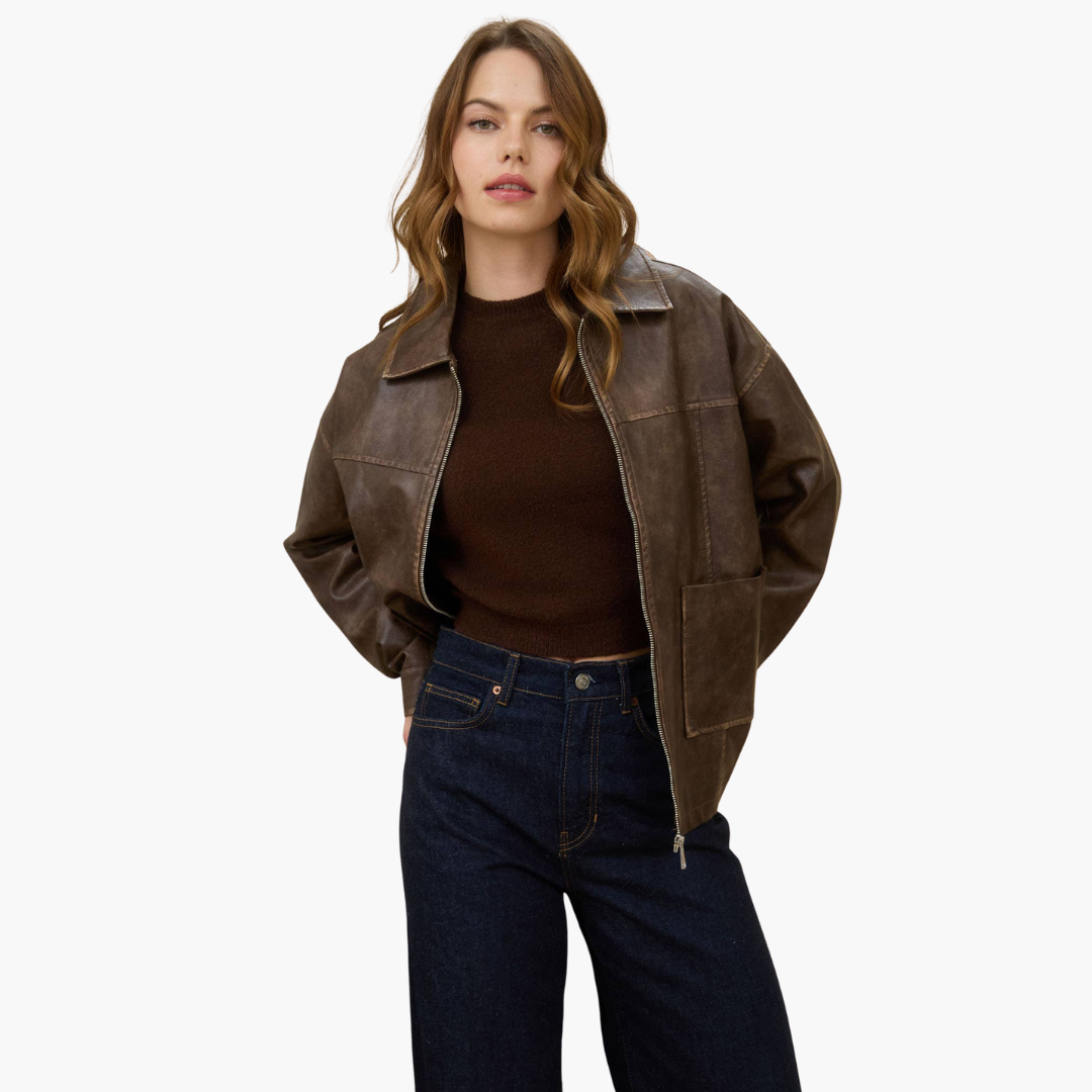 Washed Faux Leather Collared Zip Up Jacket