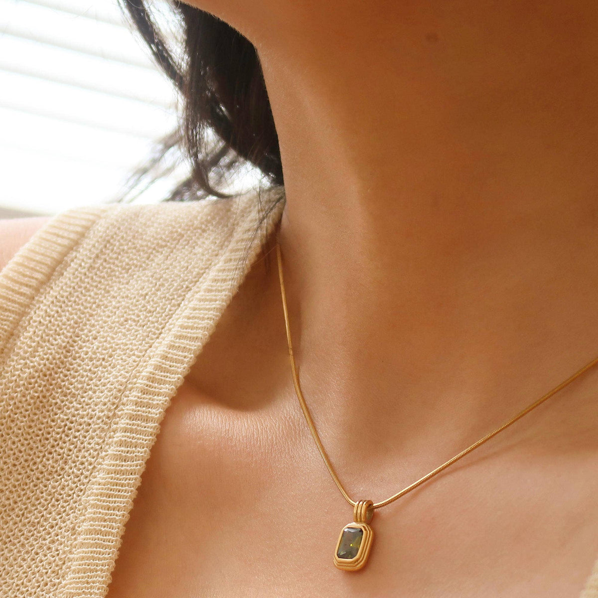 Maeve 18K Non-Tarnish Green Square Stone Pendant