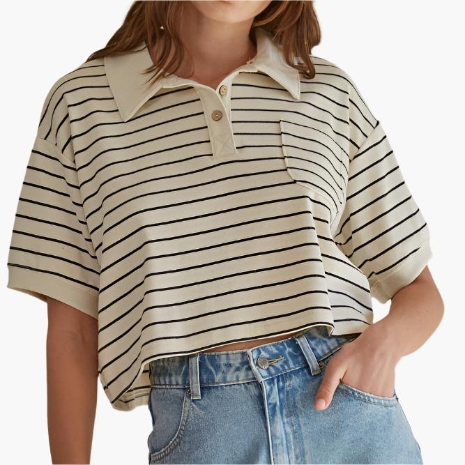 Knit Striped Collar Buttondown Crop Top