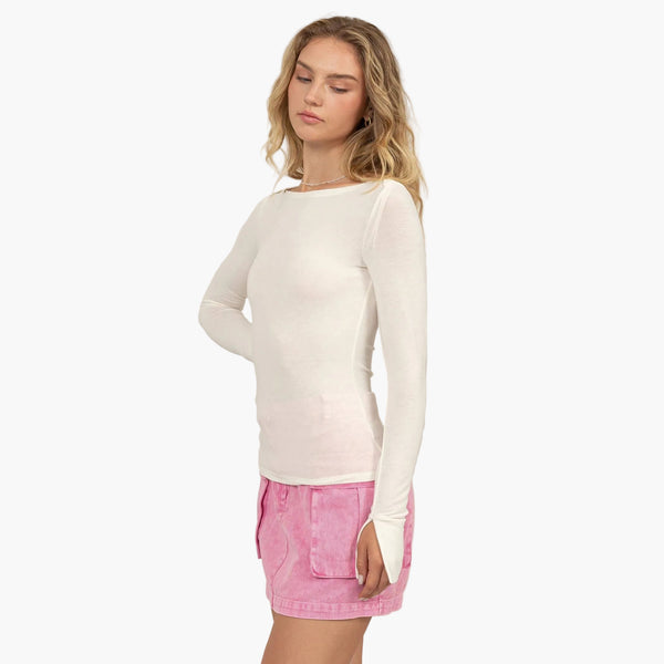 Cream Boat Neck Long Sleeve Top
