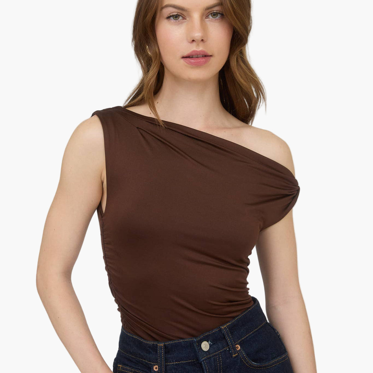 Chocolate Asymmetrical Twist Detail Knit Top