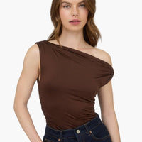 Chocolate Asymmetrical Twist Detail Knit Top