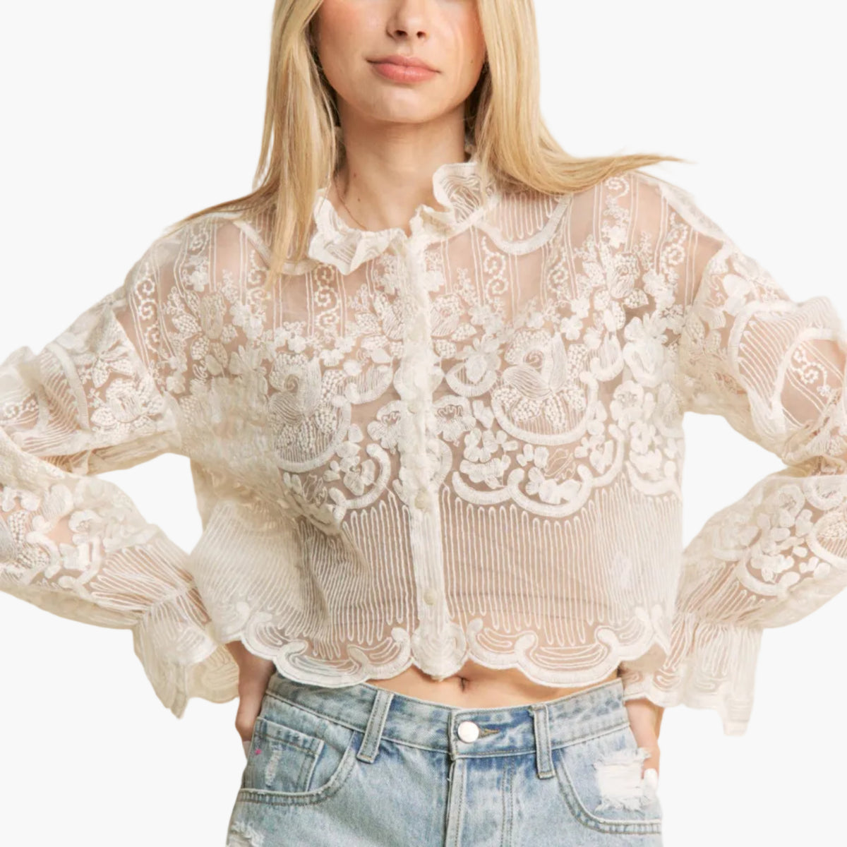Crochet Embroidered Button Down Crop