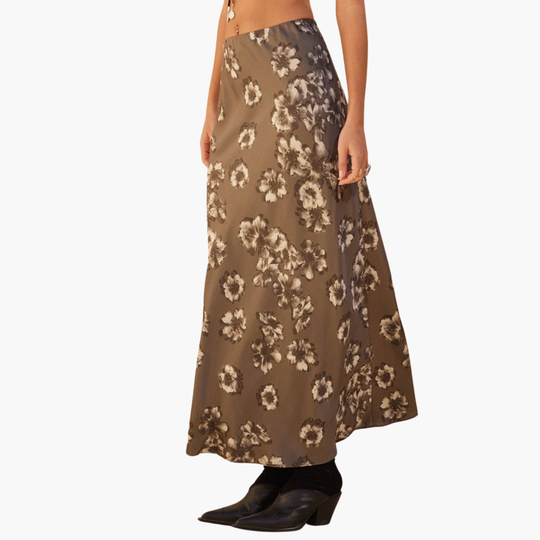 Floral Satin Elastic-Waist Straight Maxi Skirt