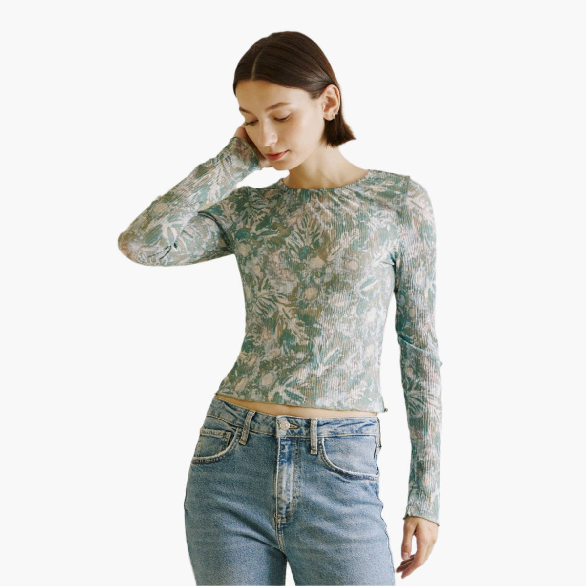 Leaves Print Crepe Long Sleeve Top