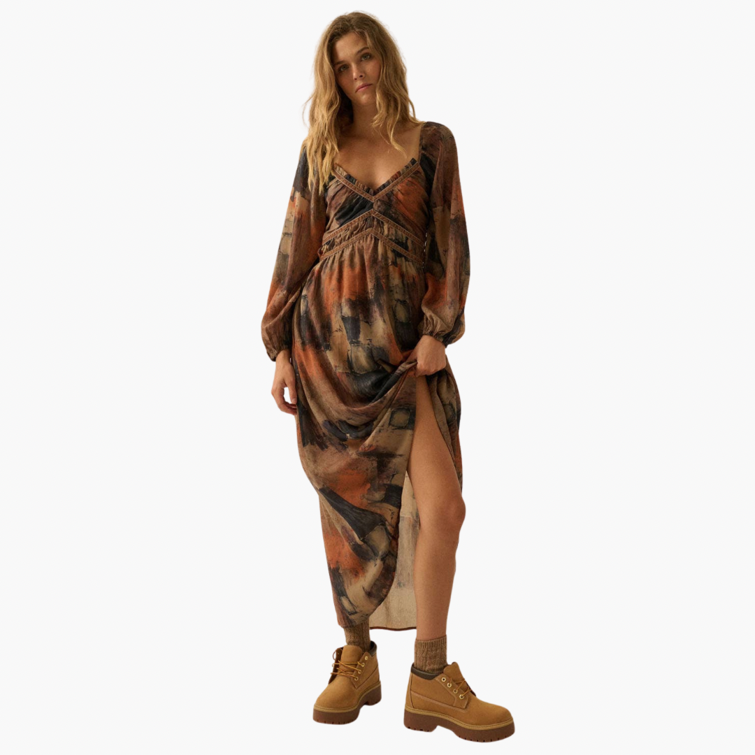 Abstract-Print Velvet-Trimmed V-Neck Maxi Dress
