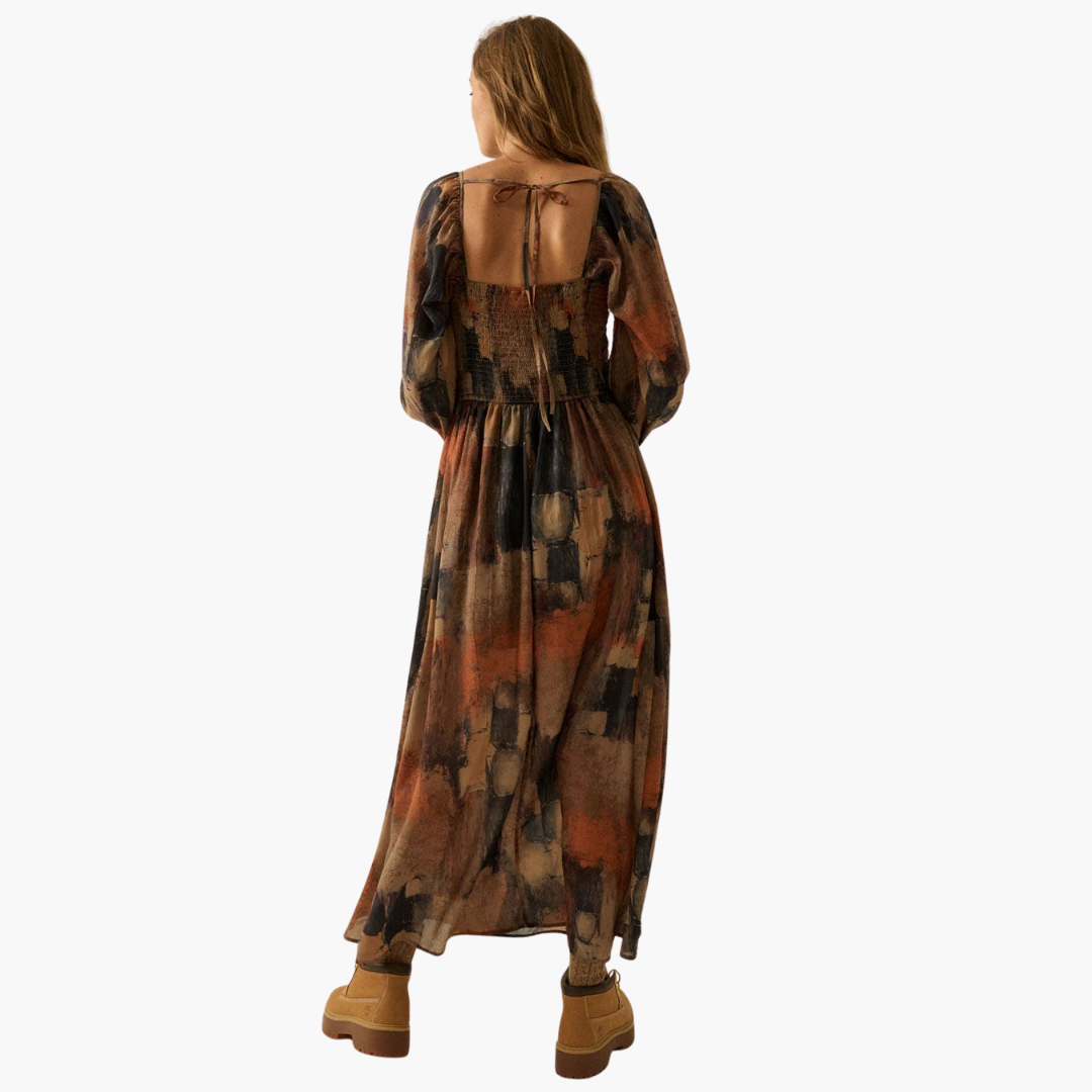 Abstract-Print Velvet-Trimmed V-Neck Maxi Dress