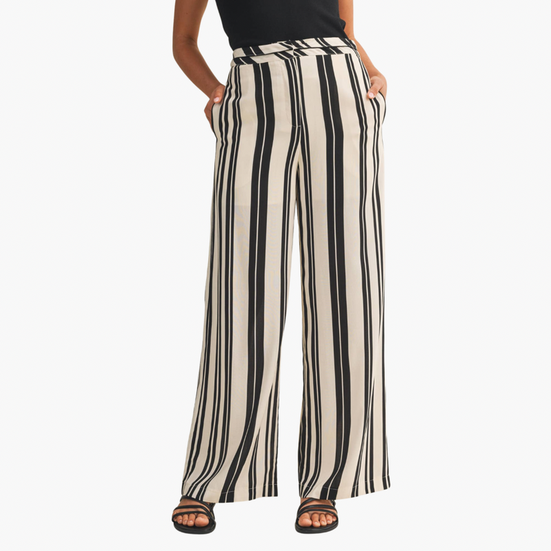 Crossover Waist Wide-Leg Striped Trousers
