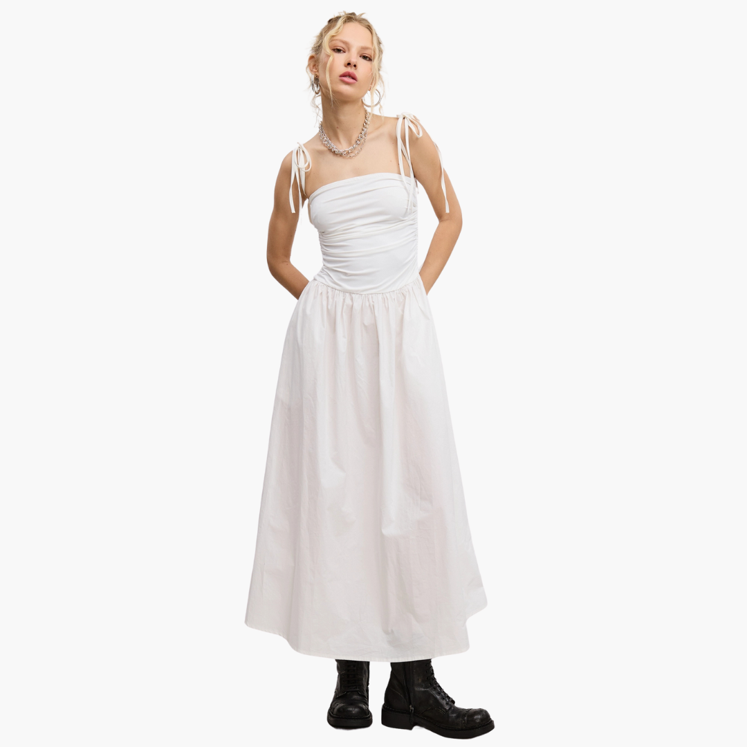 ruched bodice midi dress Sleeveless Ruched Bodice Cotton Poplin Midi Sun Dress - MEDIUM / Black