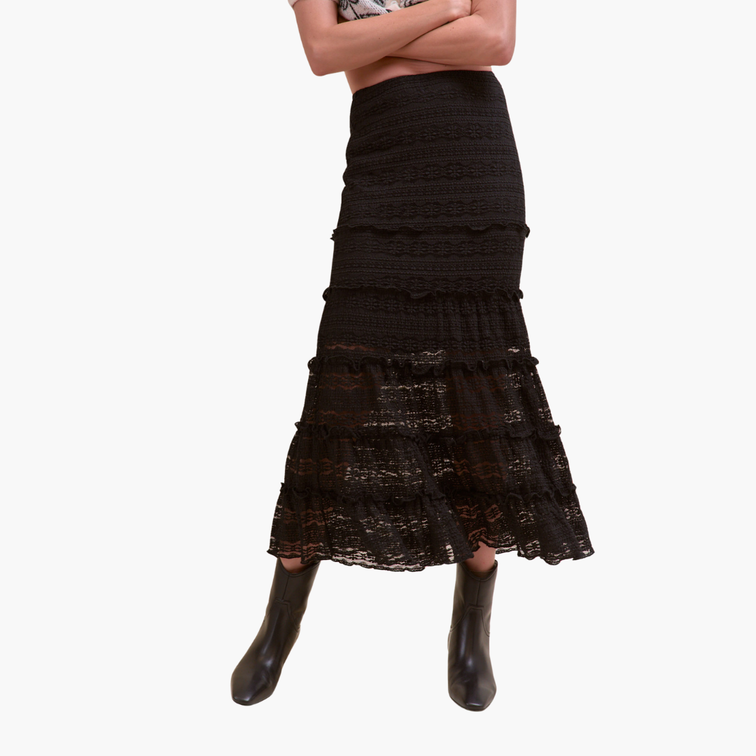 Black Lace Tiered Midi Skirt
