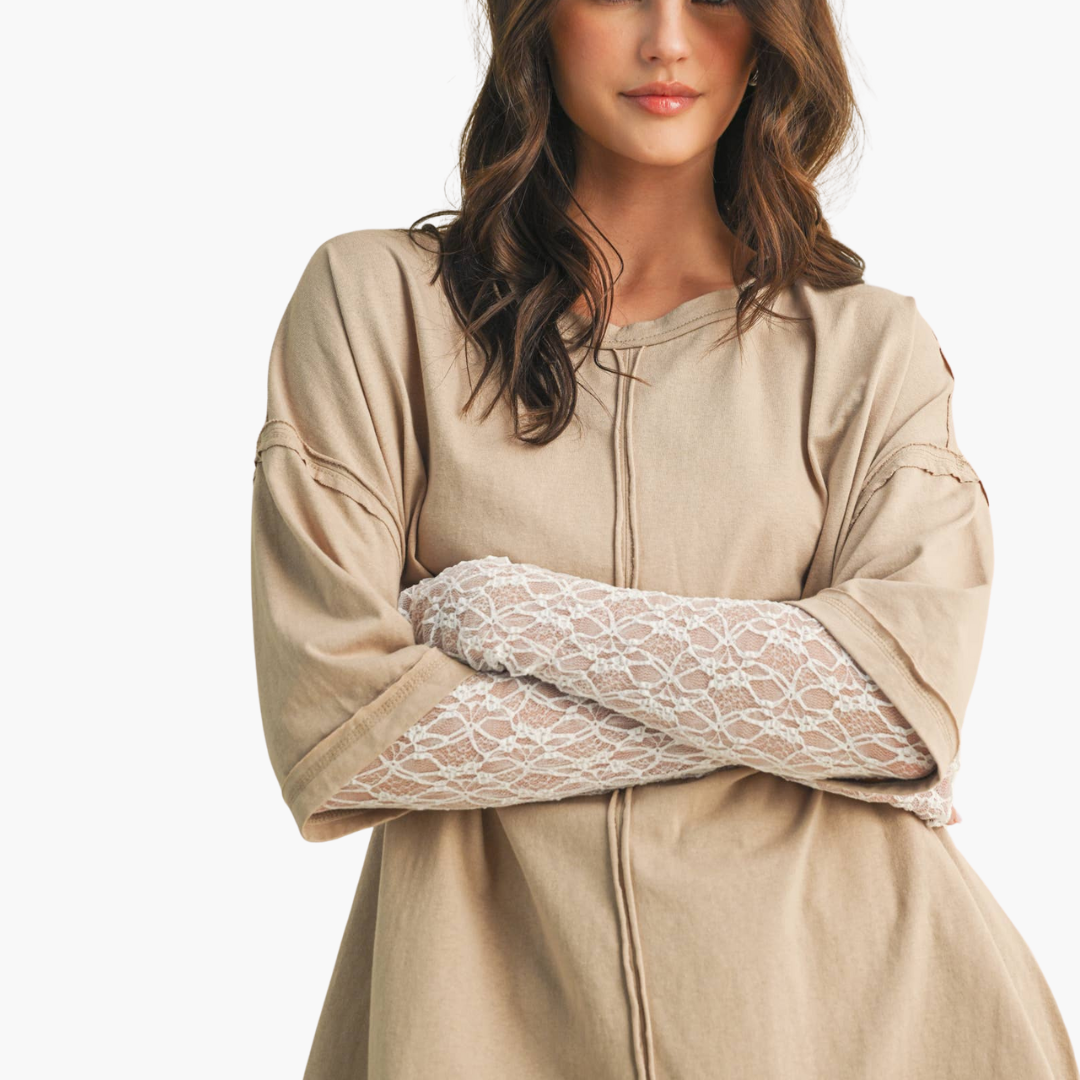 Oatmilk Lace Sleeve Oversized Top