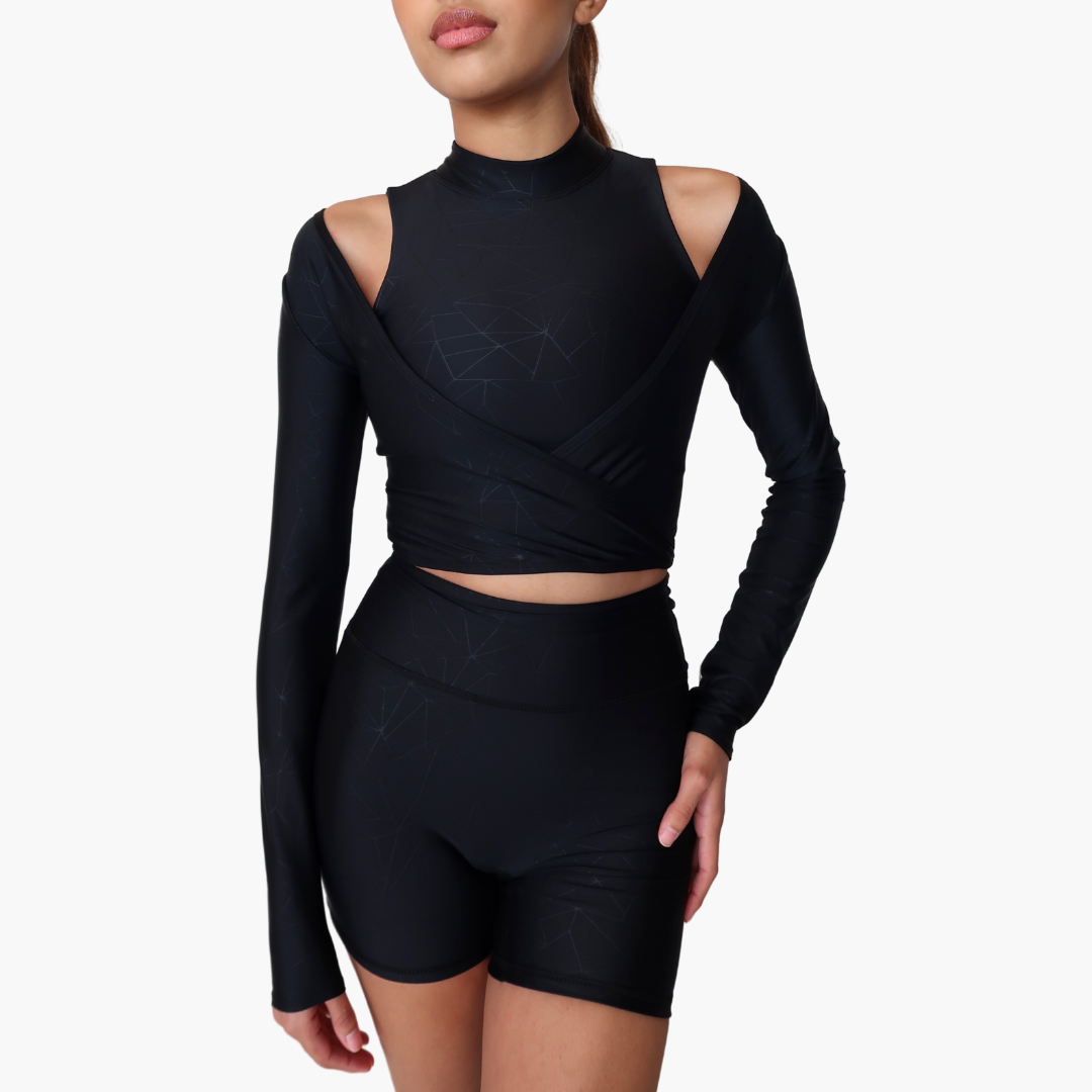 Mina Wrap Top in Geometric Embossed Nylon