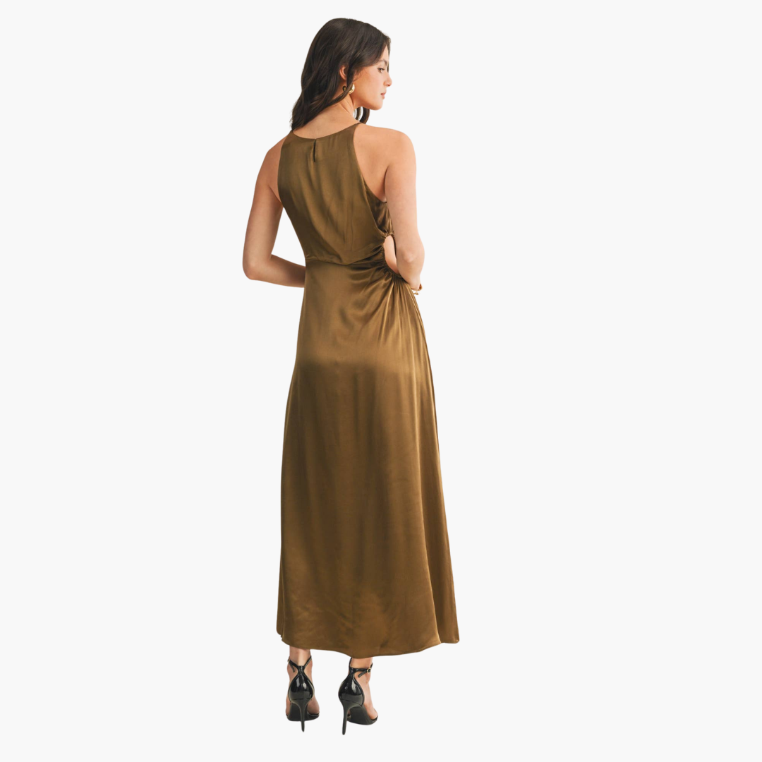 Smoke Olive Cut Out Satin Dress