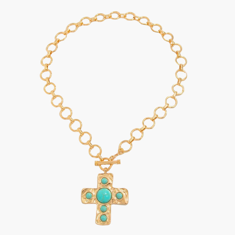 Textured Turquoise Hammered Cross Necklace
