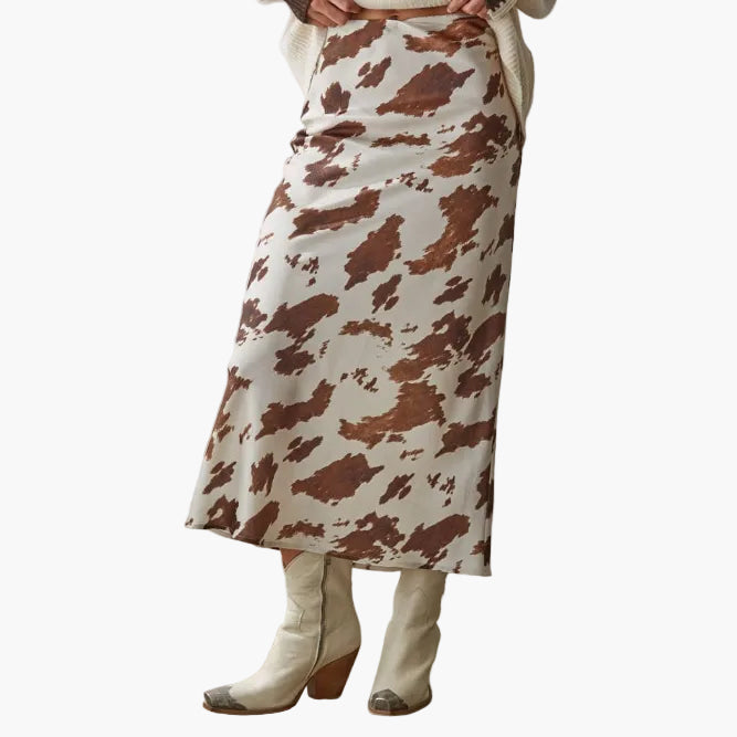 Woven Cow Print Satin Midi Skirt