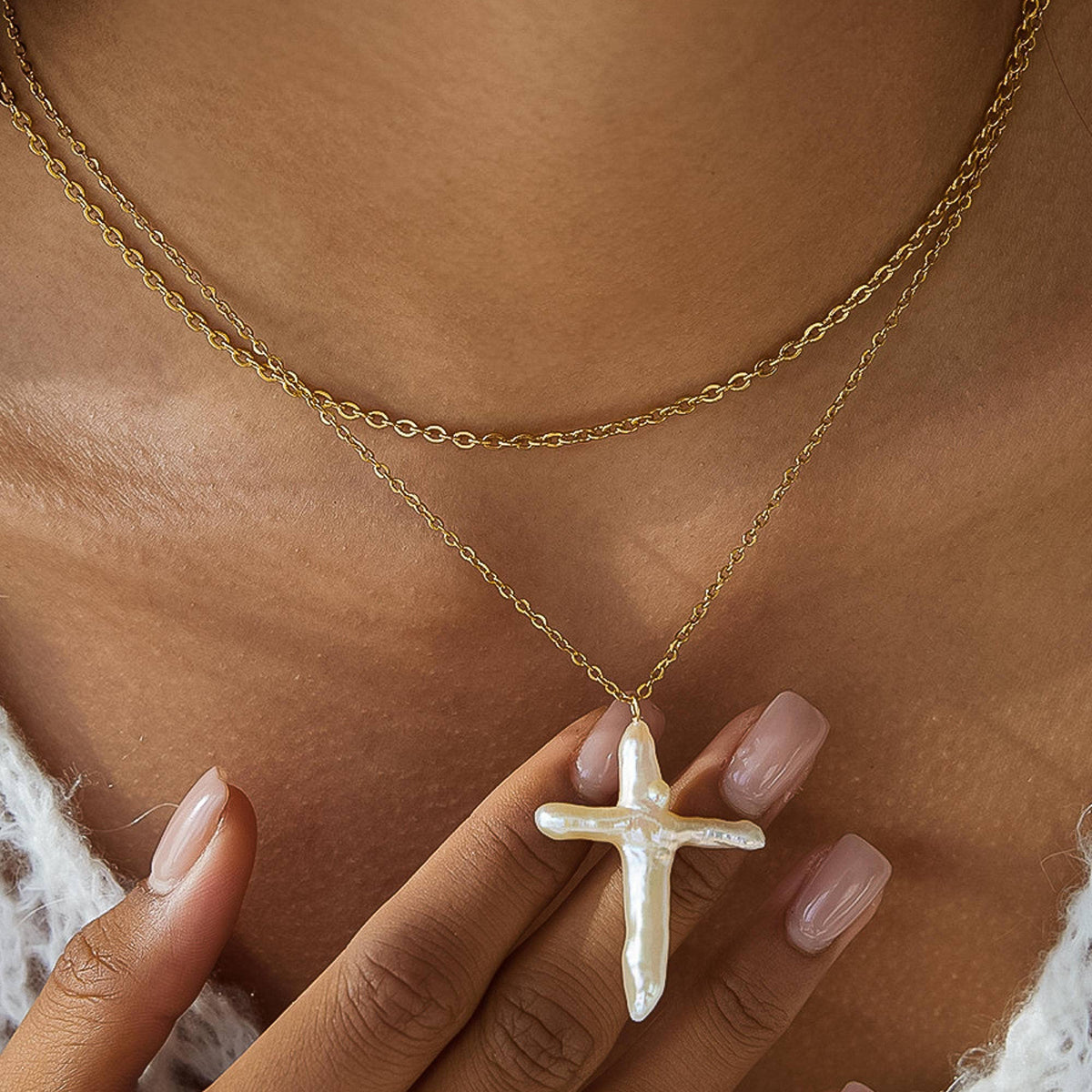Aurise 18K Gold Plated Non-Tarnish Freshwater Pearl Cross Necklace