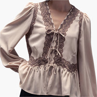 Romantic Lace Trim Tie Front Peplum Blouse