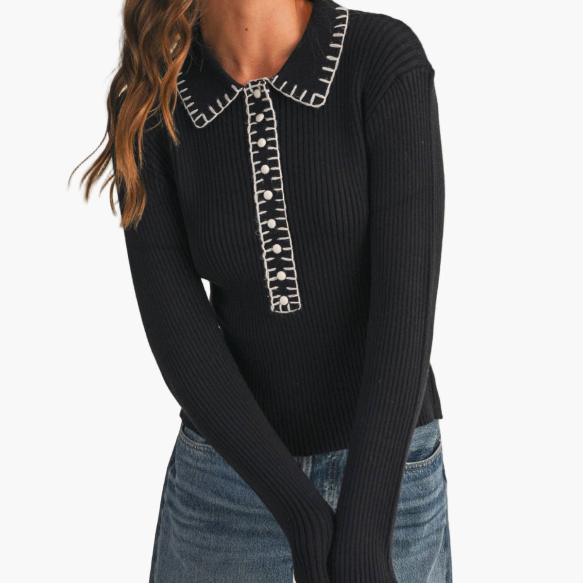 Black Collard Contrast Stitch Sweater