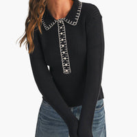 Black Collard Contrast Stitch Sweater