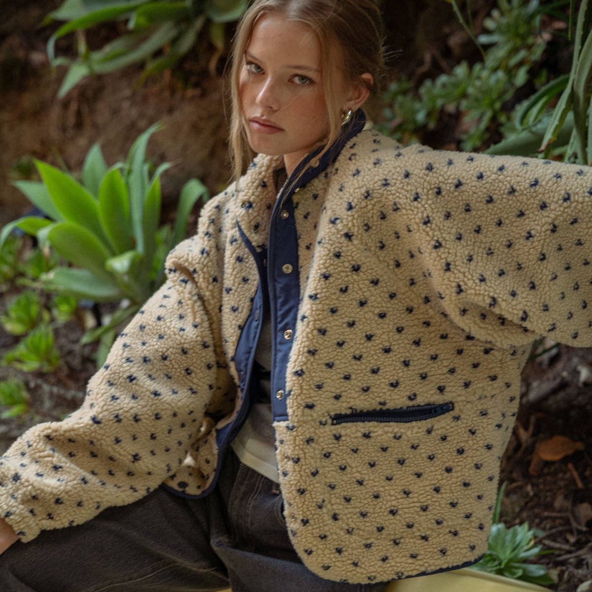 Beige Button Front Pattern Sherpa Jacket